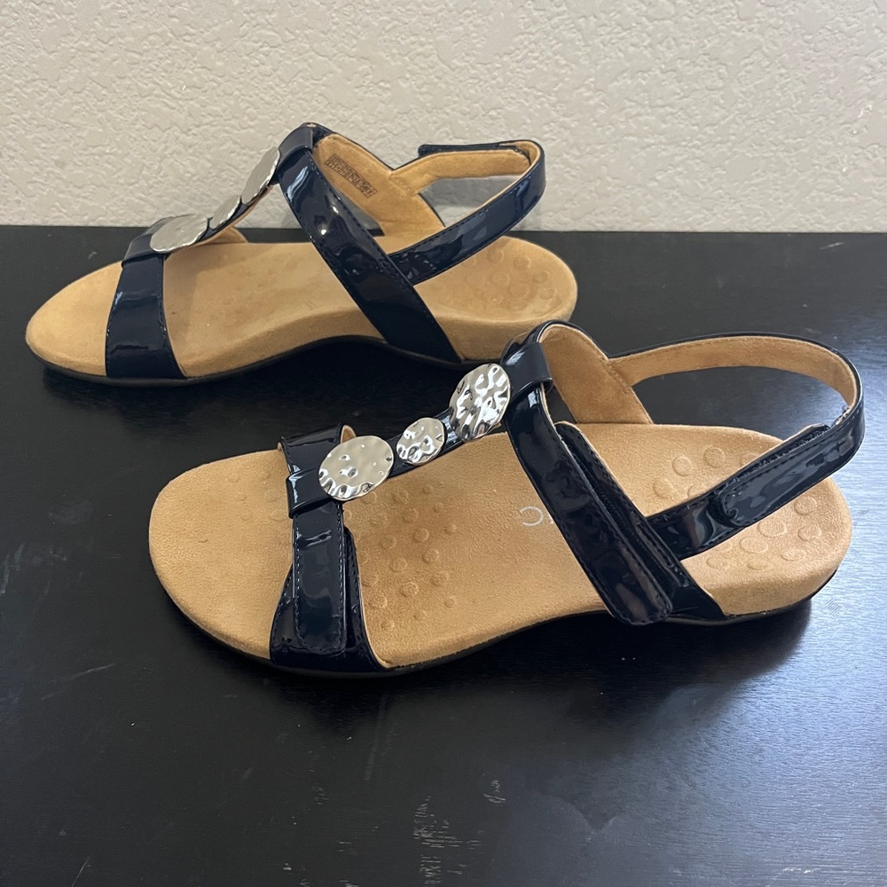 Farra nany blue vionic sandals slides shoes flip flops leather adjustable sz 9